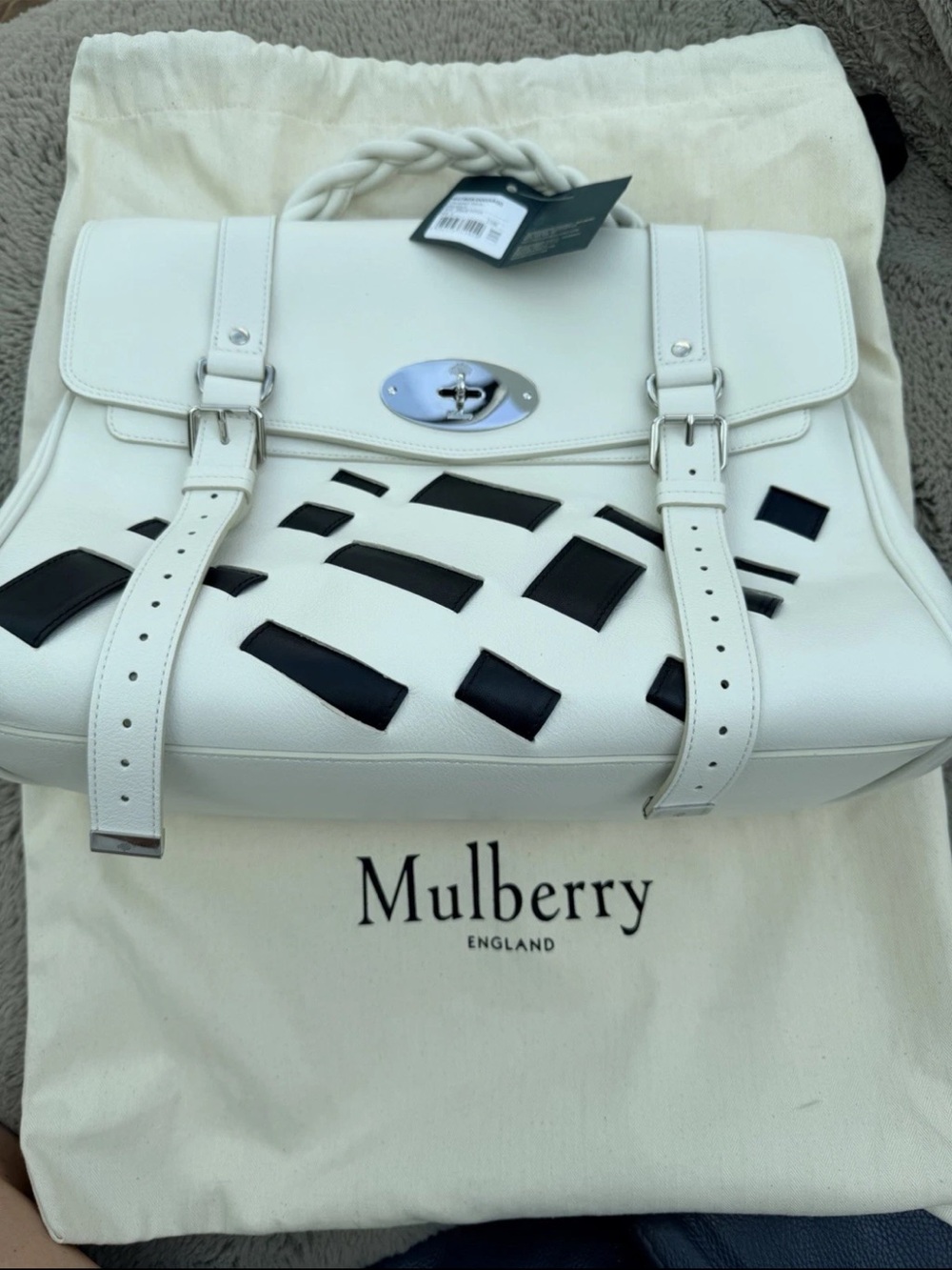 Mulberry White Leather Satchel with Black Cutout Inlays